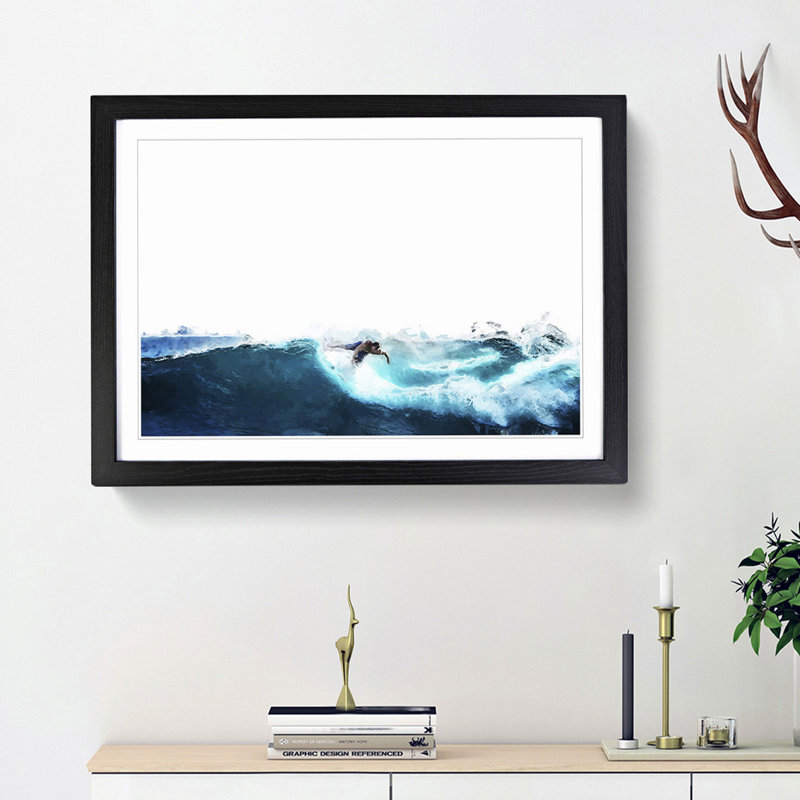 Surfer Riding the Wave in Abstract - Picture Frame Graphic Art Print, 62cm H x 87cm W x 2cm D, Black Framed