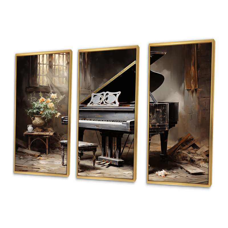 Minimalisme, piano à queue, mélodie III - art mural piano, Cadre flottant doré, H 40 po x l 61 po