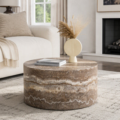 Table basse ronde en pierre à motif géométrique en bois massif, 23,6 po de diamètre x 11,8 po de hauteur, matériau de salon en bois aggloméré. Convient aux salons de style industriel ou minimaliste.