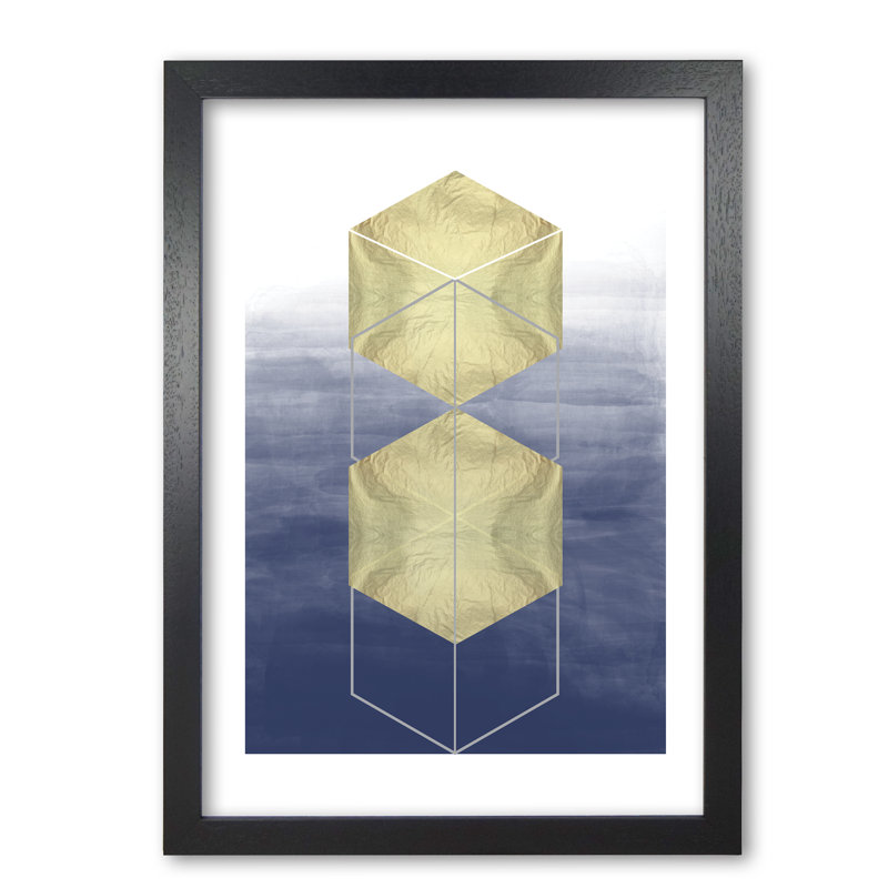Navy And Gold Abstract Hexagons - Print, 60 cm H x 42 cm W x 5 cm D, Black Grain Frame
