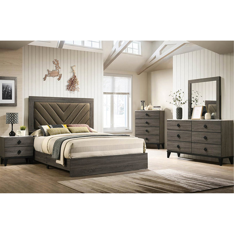 Grand lit rustique en chêne gris foncé rustique, revêtement en tissu, assemblage requis