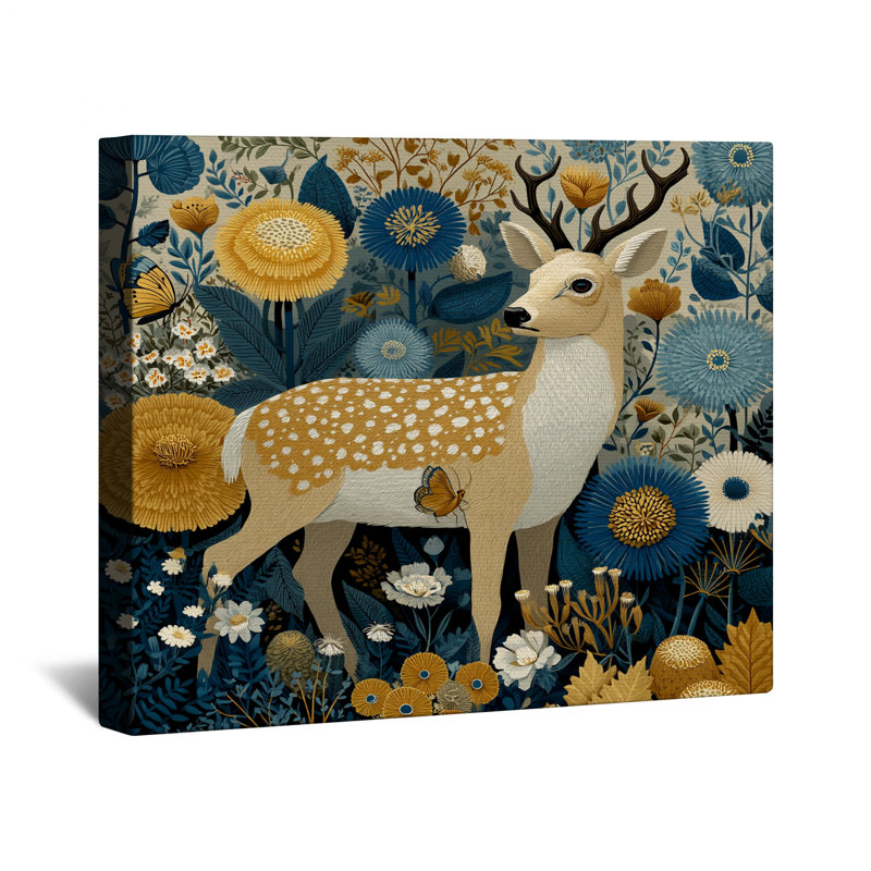 «Deer In Floral Jungle», toile tendue dans de nombreuses tailles, 16 x 16 pouces