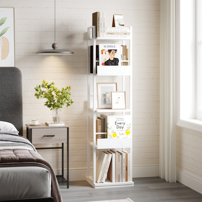 5-Tier Rotating Bookshelf Tower, 360° Spinning Tall Narrow Storage Rack with Guardrail, Sturdy Industrial Style Book Organizer for Living Room Bedroom Study Office Balcony, White