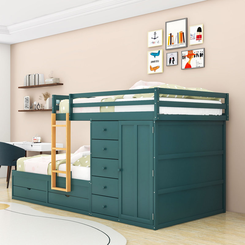Lit double superposé double avec tiroirs de rangement et garde-robe, Vert Morandi