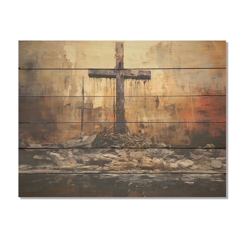 Minimalism Cross Religious - Religious Landscape Wood Art On Natural Pine Wood, 10" H x 20" W