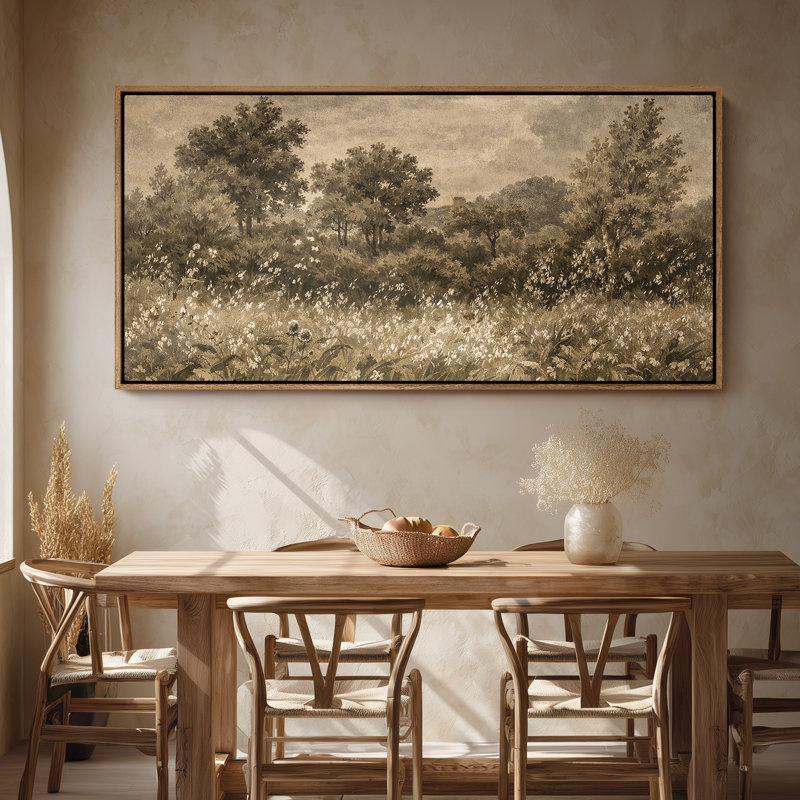 Art mural sur toile encadrée - Paysage de prairie sépia avec des plantes sauvages et des arbres éloignés - 16 po x 24 po, 24 po x 36 po