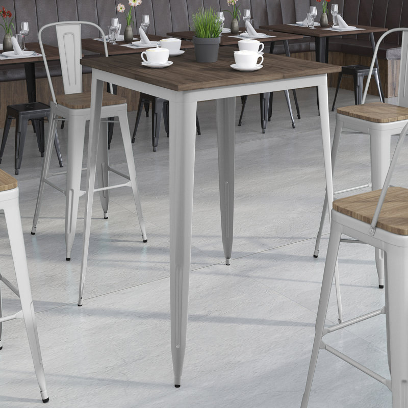 Table carrée en métal 31,5 po à hauteur de bar avec plateau rustique, argent