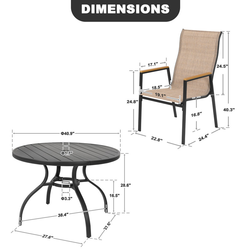 Ensemble repas 5 pièces pour patio avec trou pour parasol et chaises empilables en textilène