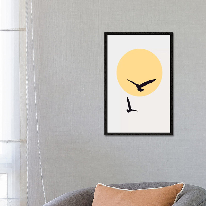 Birds In The Sky - Yellow by Kubistika - Print on Canvas, 66.04cm H x 45.72cm W x 3.81cm D, Black Floater Framed