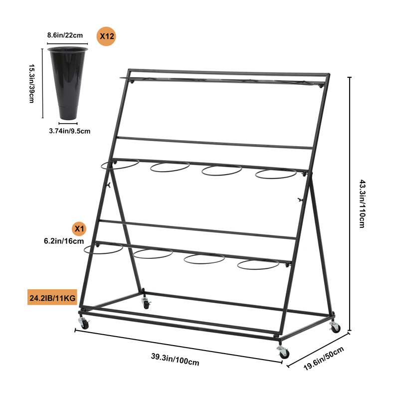 Mushkan Flower Display Stand With 12PCS Buckets, 3 Layers Metal with Wheels