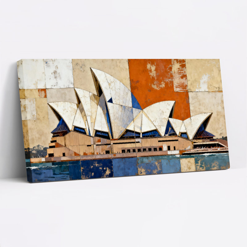Ensemble de 1 tableau sur toile tendue représentant l'Opéra de Sydney (collage abstrait), H 24 po x l 48 po