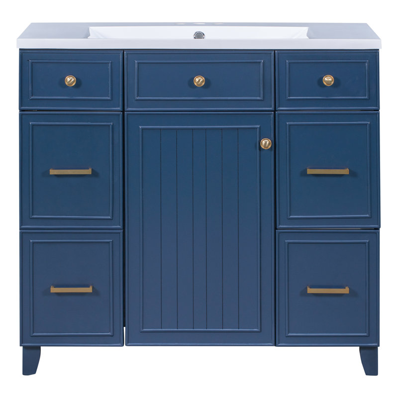 36'' Single Bathroom Vanity With Top, Gold, Navy Blue