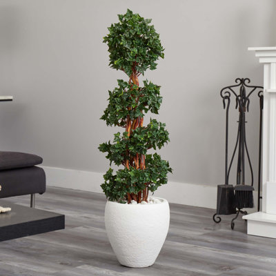 4 pi Arbre à fleurs artificiel topiaire English Ivy en pot ovale blanc, résistant aux rayons UV (intérieur / extérieur)