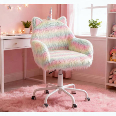 Fauteuil de bureau Fuzzy Unicorn, chaise de bureau moelleuse avec base pivotante, fantaisiste et confortable pour la salle de jeux et le bureau