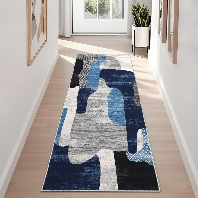 Rectangle Abstract Washable Area Rug, Blue, Runner 60 x 230 cm