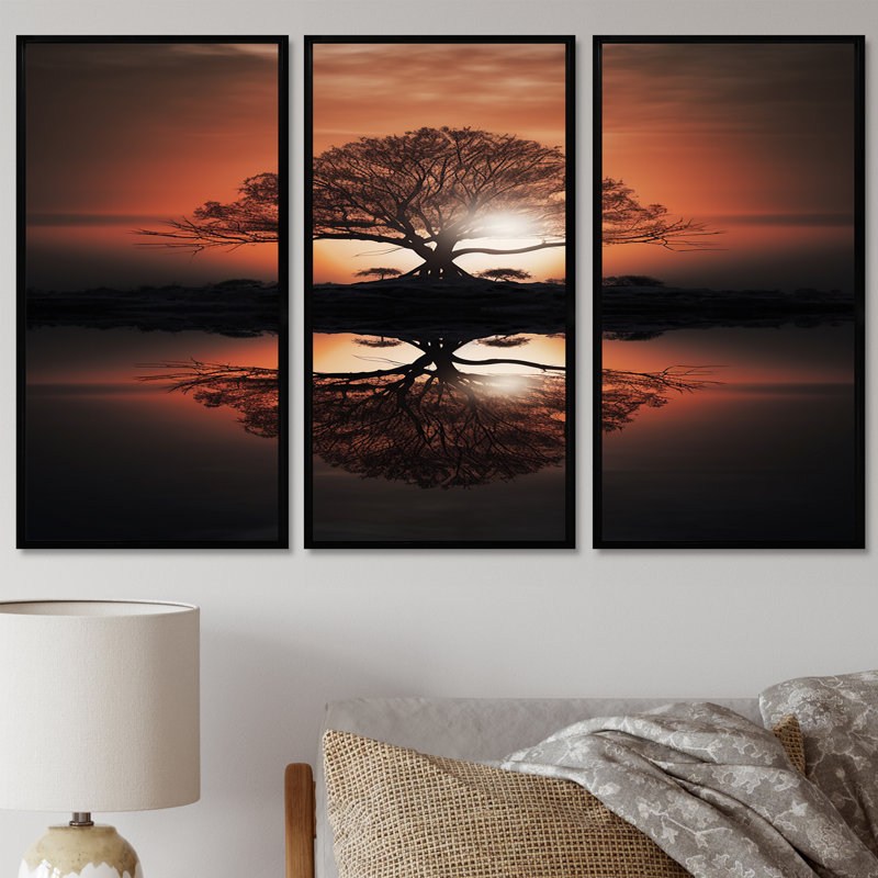 Silhouette d'un arbre majestueux sur un lac - ensemble d'art mural chêne, Cadre flottant noir, H 40 po x l 60 po x P 1 po