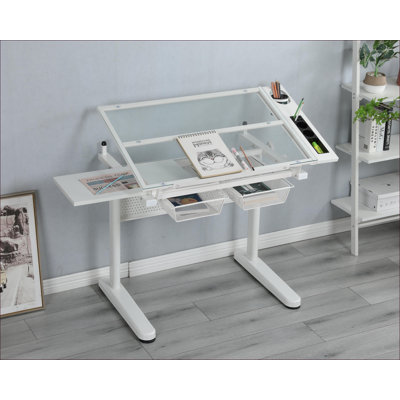 Bureau de dessin avec réglage de la hauteur de la manivelle, plateau en verre inclinable, côté allongé, 2 tiroirs en métal Tabouret | Noir | Verre et métal