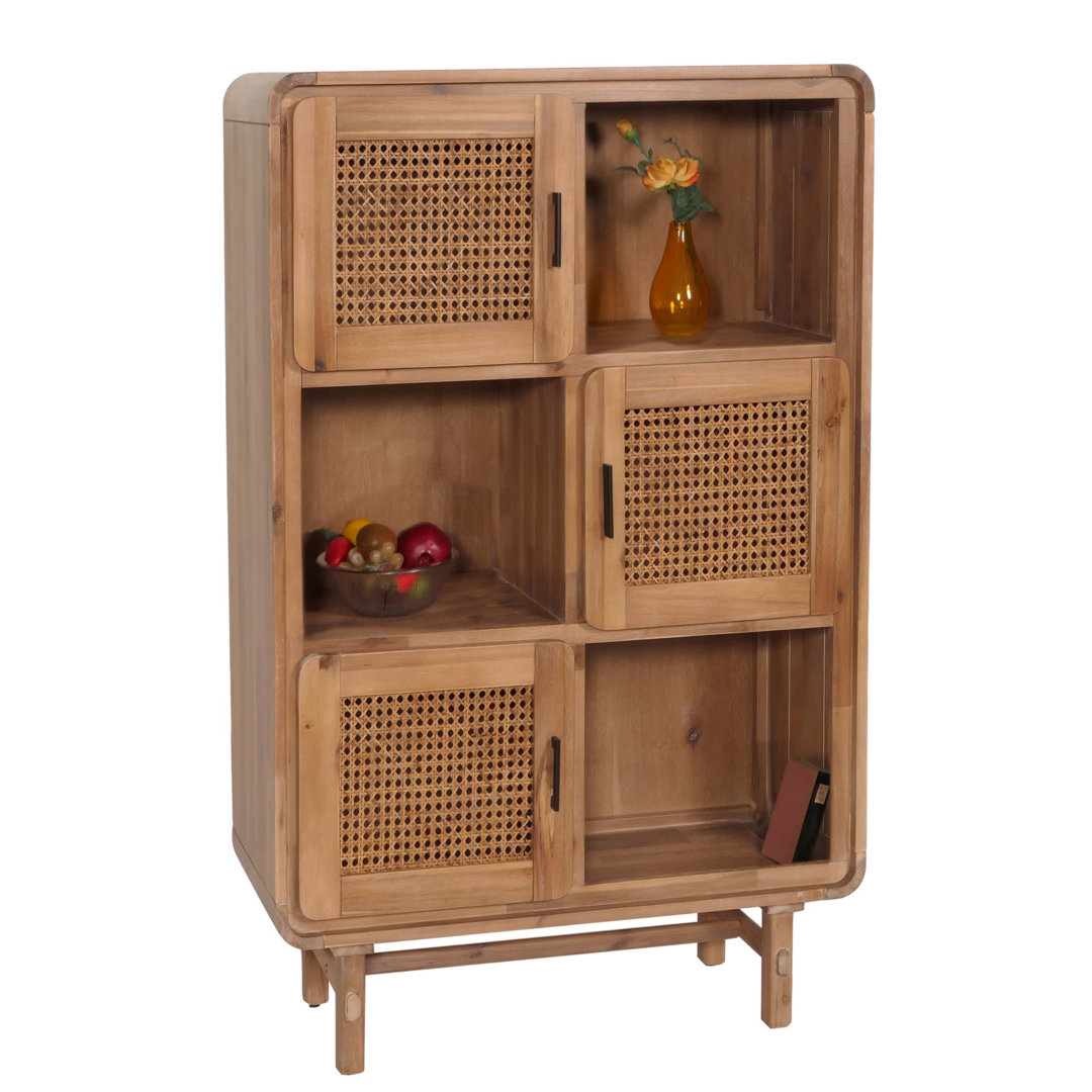 Highboard MCW-M47, Kommode Schrank Sideboard, Staufächer, Rattan Akazie Massiv-Holz gebeizt 141x90x35cm 32kg