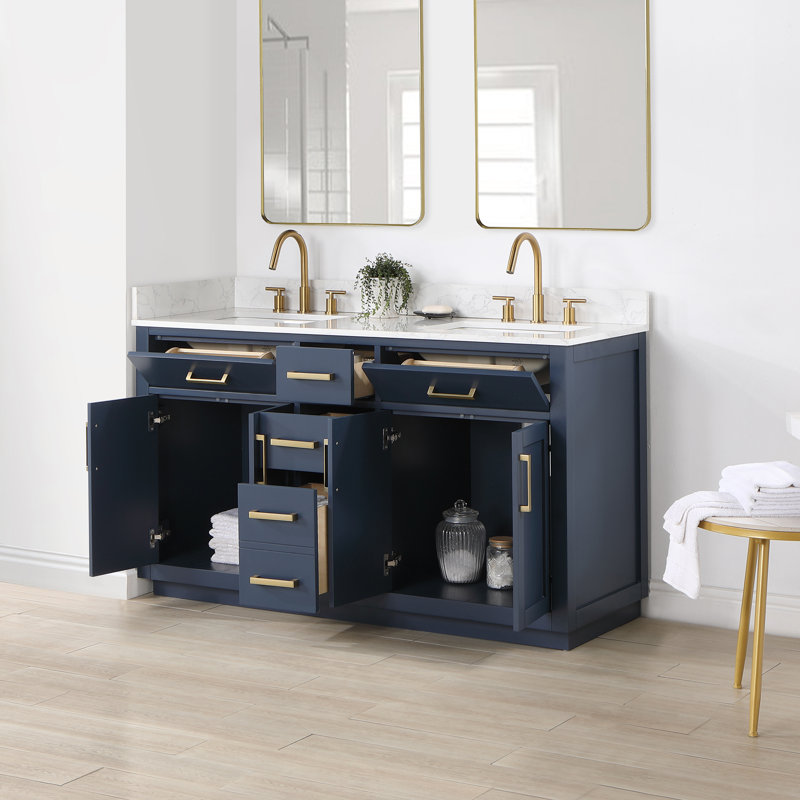 Ensemble de meuble-lavabo double 60 po Gavino, Bleu royal, Or