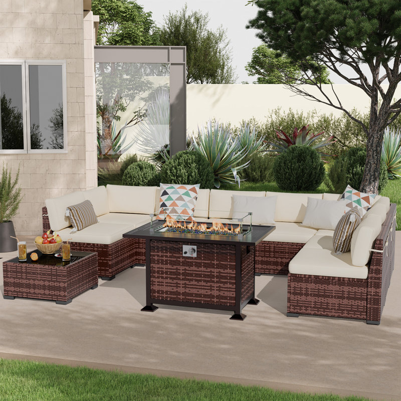 Avamay Rattan Sectional Seating Group with Cushions, Cream Performance Microfiber, Yes