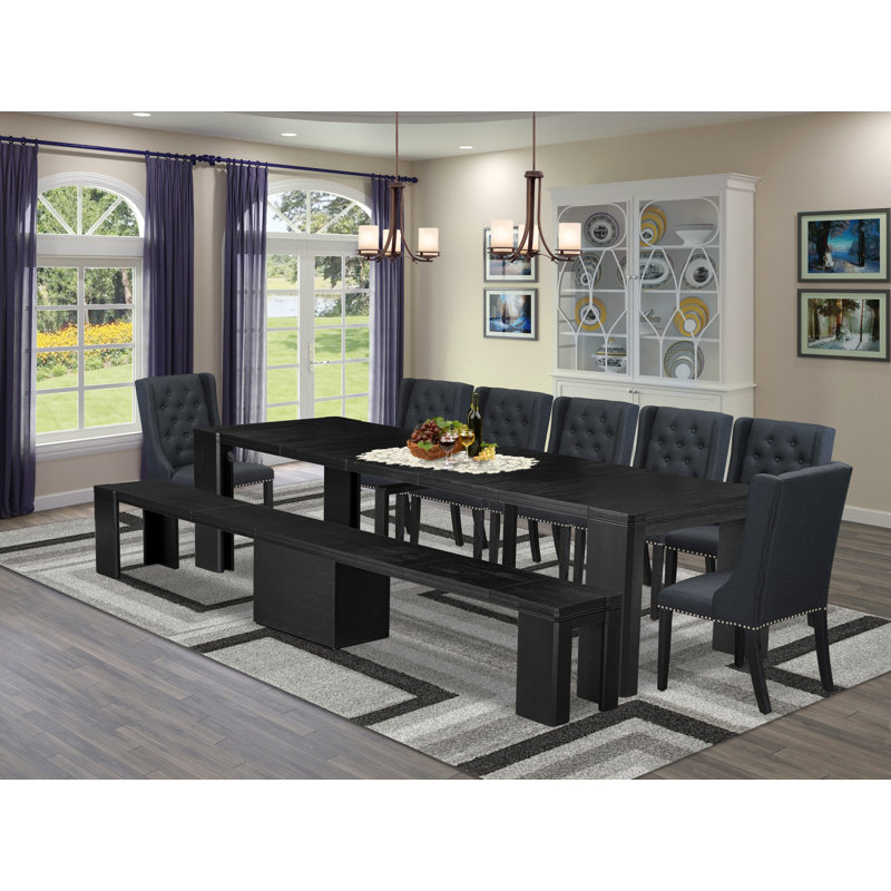 9 Pieces Extendable Dining Set Includes a Xtenczar Kitchen Table, 7 Linen Fabric Dining Chairs and 1 Modern Bench - (Finish Option)