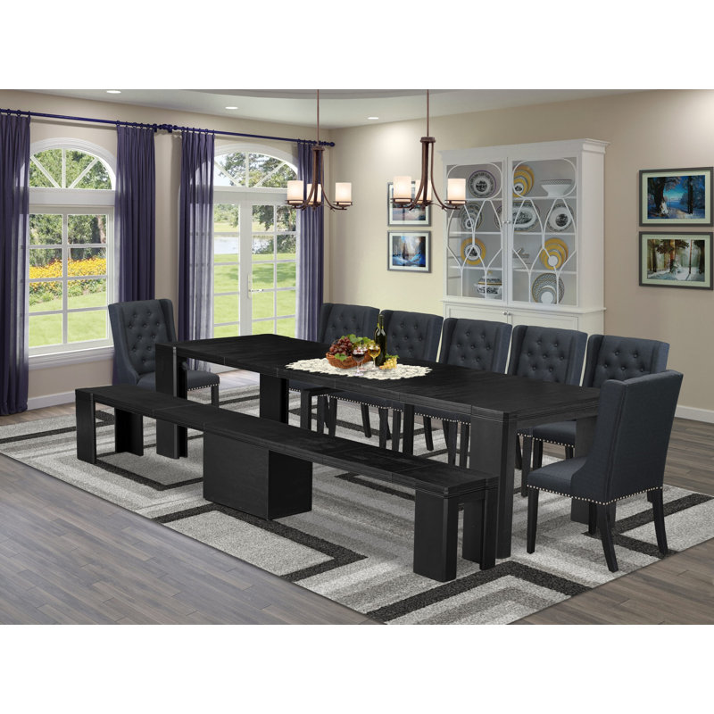 Ensemble de salle à manger 9 pièces comprenant une table de salle à manger rectangulaire, un banc en bois et 7 chaises de cuisine en tissu noir, noir brossé