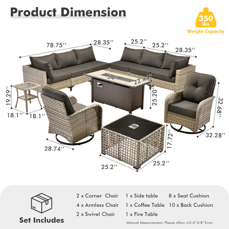 Emroy 8 - Person Reversible Modular Outdoor Conversation Set,Wicker Patio Seating Group with Lighted Coffee Table, All Weather Swivel Chair Set with Cushions
