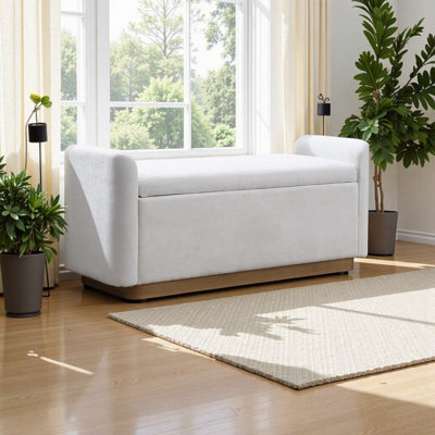 Banc de rangement 49 po avec base en métal doré et revêtement en chenille - repose-pieds beige moderne pour chambre à coucher, salon, entrée (jusqu'à 350)