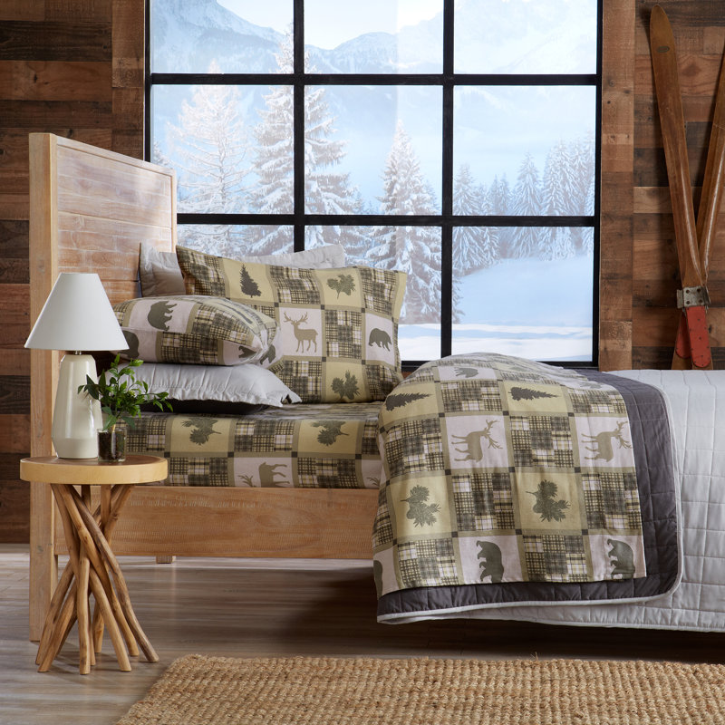 Queen Gray Cotton Flannel Sheet Set with Tree Print
