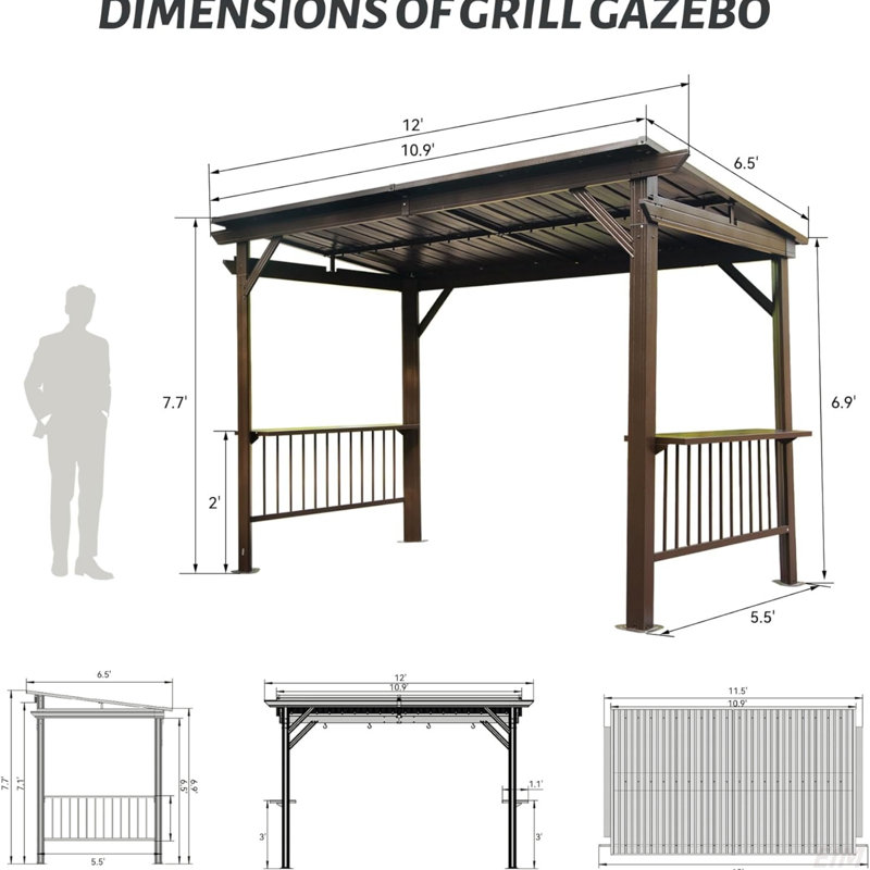Hardtop Grill Gazebo, Outdoor BBQ Gazebo With 2 Side Shelves And Sloping Galvanized Steel Roof, Metal Permanent Grill Canopy With Ceiling Hooks(Canopy)