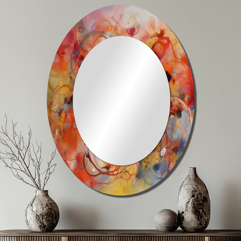 Orange Red Marbled Dreamscape II - Orange Modern Oval Wall Mirror, 40" x 30"