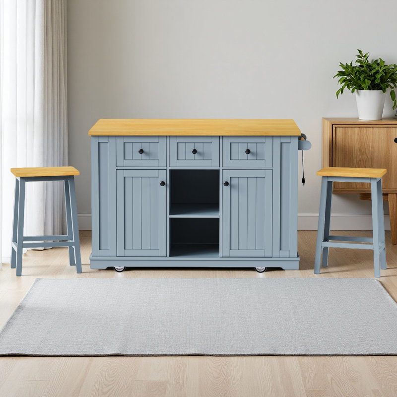 Grand îlot de cuisine avec 2 tabourets de bar, prise de courant, support de rangement interne pour porte, chariot de rangement pour cuisine sur 5 roulettes avec abattant