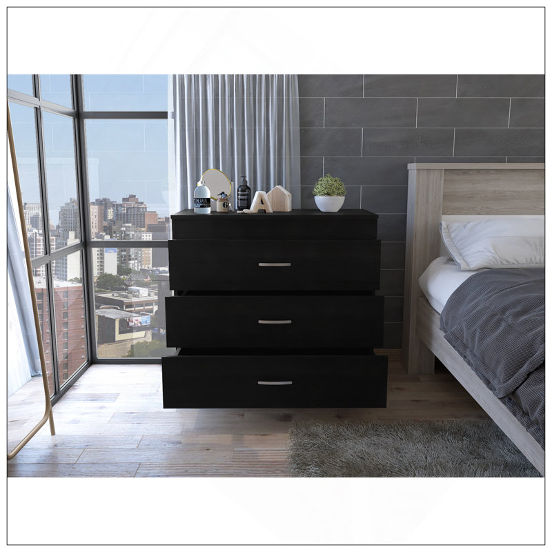 Commode à trois tiroirs Melia, plateau supérieur, quincaillerie en métal, Noir