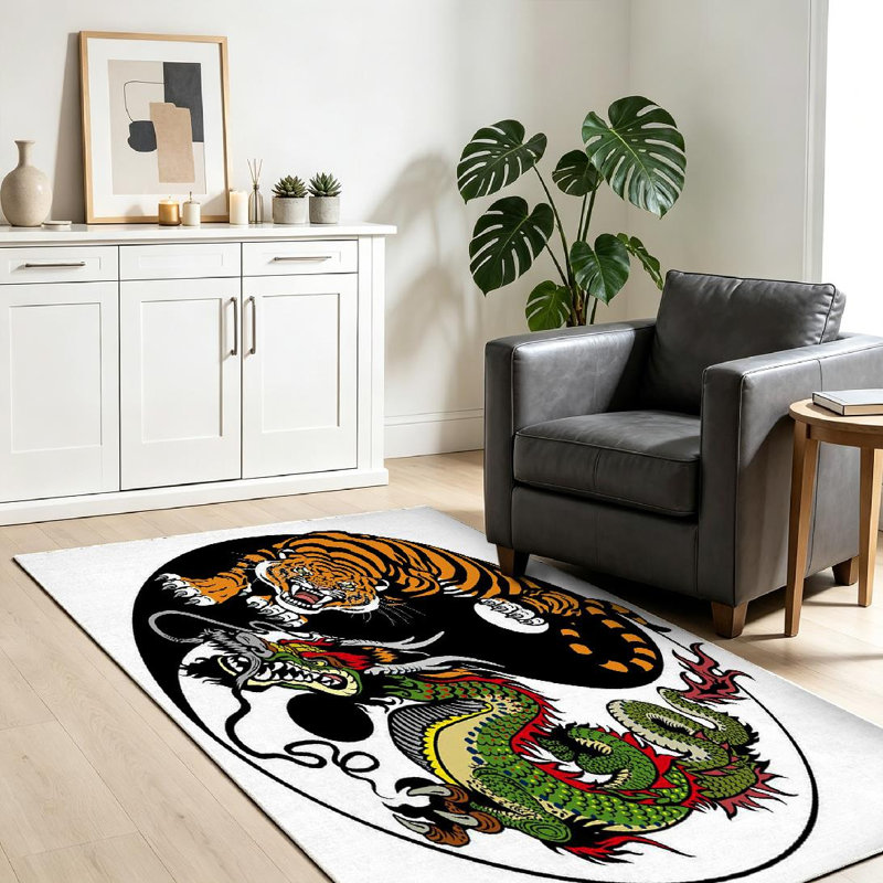Tapis noir symbole de l'équilibre lavable à la machine Dragon and Tiger, Rectangle 39 po x 63 po