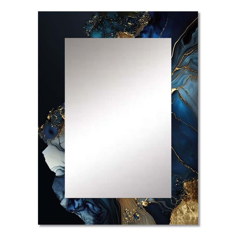 Abstrait géométrique doré et bleu marbre V - miroir décoratif en marbre, miroir mural bleu, impression d'art en métal
