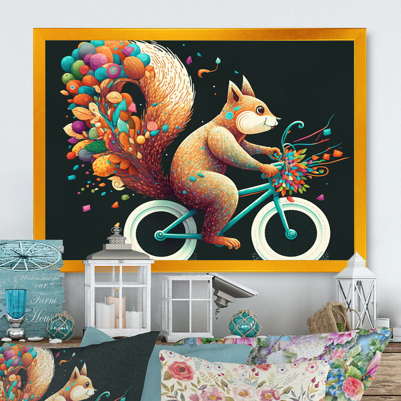 Écureuil coloré, impression sur toile, Encadrement doré, H 16 po x l 32 po x P 1 po