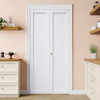 Portes de placard pliantes 36 po x 80 po, apprêt blanc, 1 panneau, en bois massif et bois d'ingénierie. Porte intérieure pliante, fonctionnement fluide et installation facile avec trousse de quincaillerie incluse (idéale pour garde-robe, garde-manger, buanderie, salon et salle de bain).