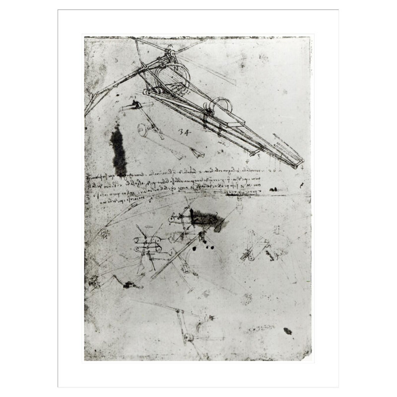 Schéma d'une machine volante et d'un dispositif de direction «824v from the Codex Atlanticus» par Leonardo Da Vinci - Estampe numérique encadrée