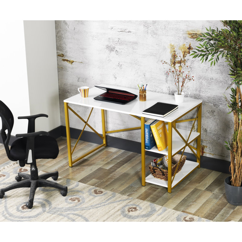 Walnut and Black Metal Frame 47" Writing Desk with Shelves