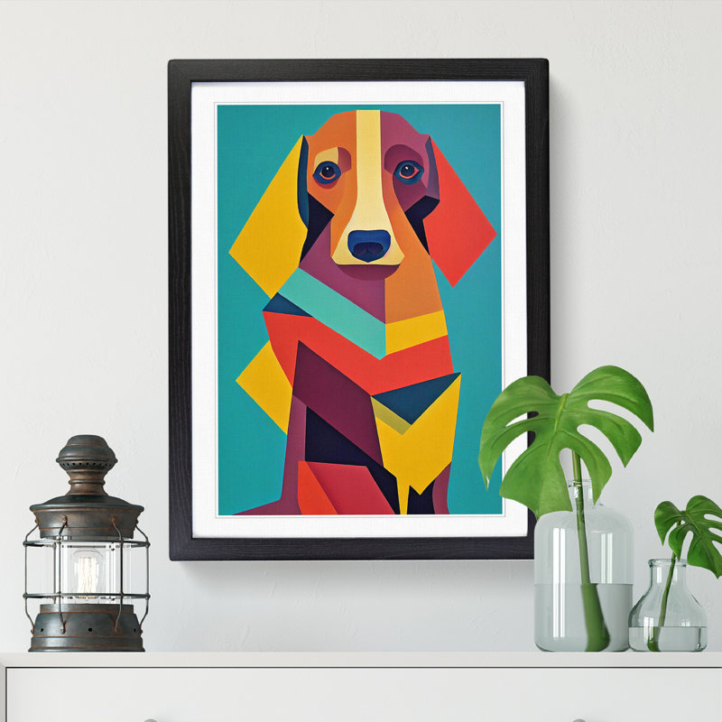 Ankeus Dachshund Cubism - Picture Frame Print, 64cm H x 46cm W x 2cm D, Black