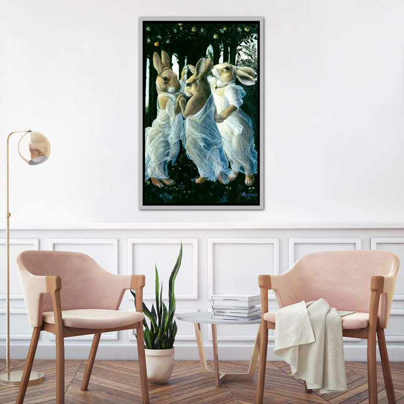 « Bunny graces » par Melinda Copper-impression d’art graphique, H 40 po x l 26 po x P 1,5 po, Toile avec cadre argenté