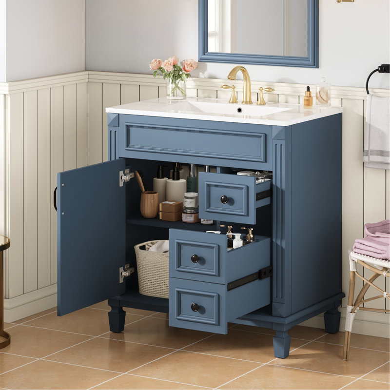 Meuble-lavabo de 30 pouces avec lavabo en céramique de haute qualité, deux tiroirs et une tablette personnalisée, combinant la simplicité française dans les petits espaces, 2 fonctions de mélange pour un format compact
