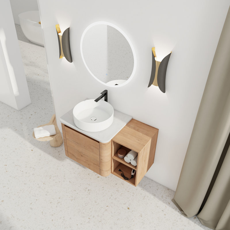 Meuble-lavabo mural contemporain avec lavabo d'art en céramique, Blanc, 36"