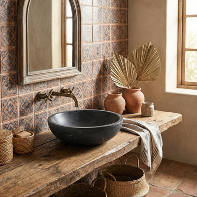 Luxury Dark Grey Natural Marble Bowl, 15.8" Round Vessel Sink, Matte Surface, One For Spa Round, Finish, Solid Construction Bathroom Vanity