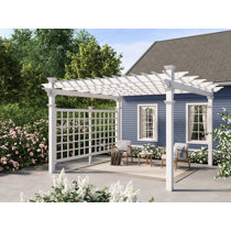 Vita 10 ft. x 10 ft. White Vinyl Deluxe Pergola with Base Moldings and Canvas Weave