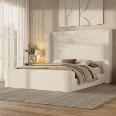 Structure de lit Cloud avec tête de lit à oreilles de 49,2 po de hauteur, lit plateforme tapissier avec rembourrage en mousse de 5 po, coins arrondis, sans sommier, crème
