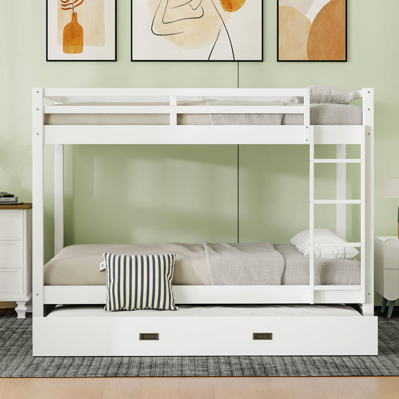 Grand lit superposé en bois blanc avec lit gigogne et cadre, pin de haute qualité, espace de rangement pour lattes solides, fait en espaces partagés
