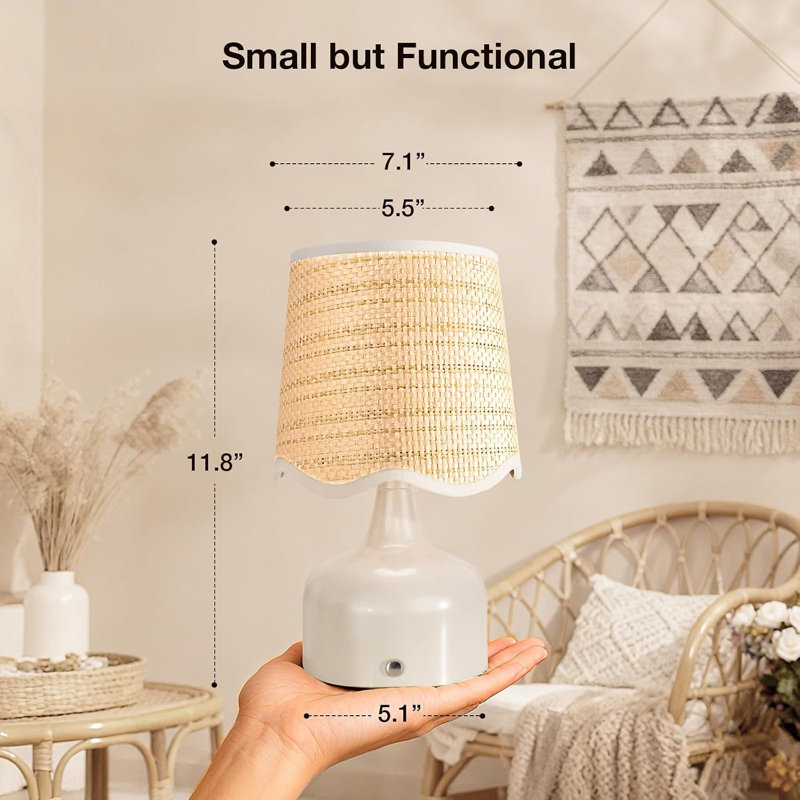 Lampe de table sans fil Boho beige, abat-jour en osier festonné, batterie rechargeable 5200 mAh, à 3 voies à intensité variable, DEL intégrée intégrée de 320 lumens maximum, pour le salon de chevet