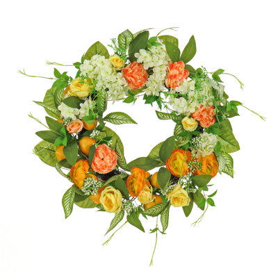 24 inch Artificial Wreath with Lemons, Hydrangeas, and Buttercups, Realistic Floral Decoration for Front Door or Indoor Décor