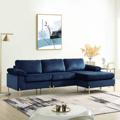 Siège à 3 places en velours bleu côtier de style Mid-Century, structure en bois massif, pieds en métal au fini doré, accoudoirs coussinés, dossier et coussins amovibles, en forme de L pour les coins du salon avec mélange, d'ingénierie